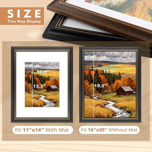 Golden State Art 16x20 Picture Frame Black Gold Trim - Solid Wood Frame With Tempered Glass - Fits 16x20 without & 11x14 In Photos With Mat - Wall Mount Vertical Horizontal for Art, Posters, Portraits in Kuwait