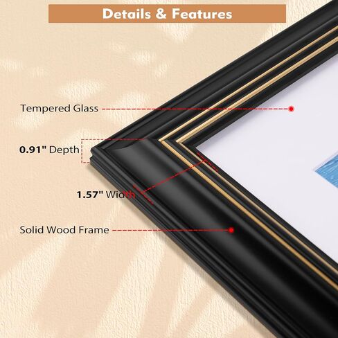 Golden State Art 16x20 Picture Frame Black Gold Trim - Solid Wood Frame With Tempered Glass - Fits 16x20 without & 11x14 In Photos With Mat - Wall Mount Vertical Horizontal for Art, Posters, Portraits in Kuwait