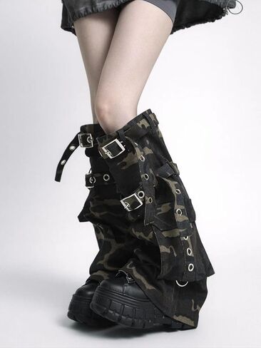 Gothic Punk Leg Warmers, Camouflage Canvas with Buckle Straps, Black, Mid-Calf Length, One Size, Military Style, Platform Design, Y2K Alternative Fashion in Saudi Arabia