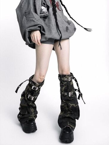 Gothic Punk Leg Warmers, Camouflage Canvas with Buckle Straps, Black, Mid-Calf Length, One Size, Military Style, Platform Design, Y2K Alternative Fashion in Saudi Arabia