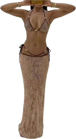 MakeMeChic Women's 3 Piece Bikini Sets Halter Crochet Beaded Triangle Swimsuit with Cover Up Skirt in Kuwait