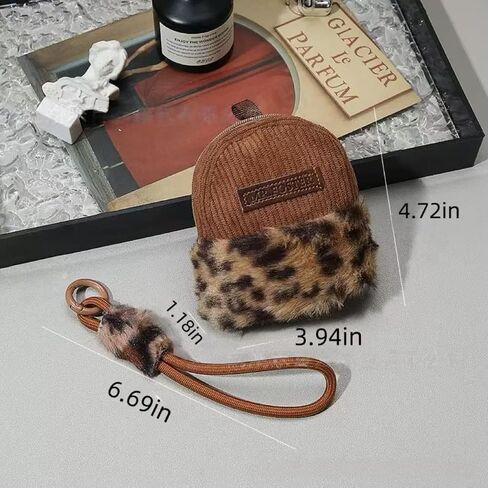 Mini Bag Charm Keychain Wallet - Faux Leopard Fur Corduroy Cheetah Print Keychain Pouch for Handbag Charms, Coin Purse, Car Key Chain in Saudi Arabia