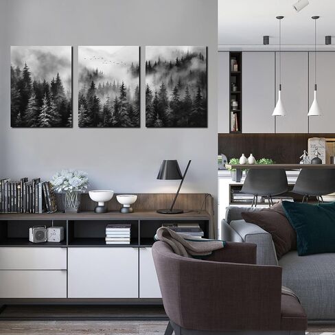 Foggy Forest Canvas Wall Art for Bedroom Black and White Pictures Wall Art for Living Room Home Office Wall Decor 12 x 16 Inch x 3 Pieces in Saudi Arabia