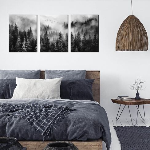 Foggy Forest Canvas Wall Art for Bedroom Black and White Pictures Wall Art for Living Room Home Office Wall Decor 12 x 16 Inch x 3 Pieces in Saudi Arabia