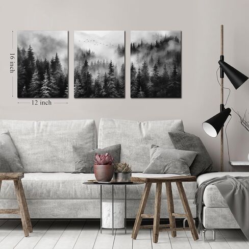 Foggy Forest Canvas Wall Art for Bedroom Black and White Pictures Wall Art for Living Room Home Office Wall Decor 12 x 16 Inch x 3 Pieces in Saudi Arabia
