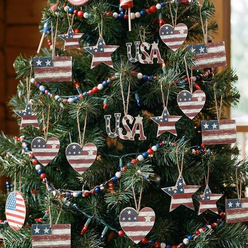 Junkin 24 Pcs 4th of July Wooden Ornaments Vintage Patriotic Tree Decorations Rustic Stars Hearts Flags USA Red White Blue Hanging Ornaments for 250th Anniversary Memorial Independence Day Party Decor in Kuwait