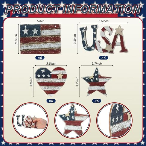 Junkin 24 Pcs 4th of July Wooden Ornaments Vintage Patriotic Tree Decorations Rustic Stars Hearts Flags USA Red White Blue Hanging Ornaments for 250th Anniversary Memorial Independence Day Party Decor in Kuwait