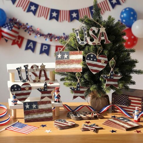 Junkin 24 Pcs 4th of July Wooden Ornaments Vintage Patriotic Tree Decorations Rustic Stars Hearts Flags USA Red White Blue Hanging Ornaments for 250th Anniversary Memorial Independence Day Party Decor in Kuwait