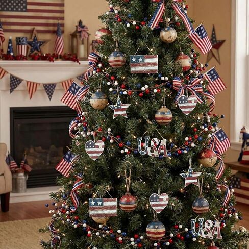 Junkin 24 Pcs 4th of July Wooden Ornaments Vintage Patriotic Tree Decorations Rustic Stars Hearts Flags USA Red White Blue Hanging Ornaments for 250th Anniversary Memorial Independence Day Party Decor in Kuwait