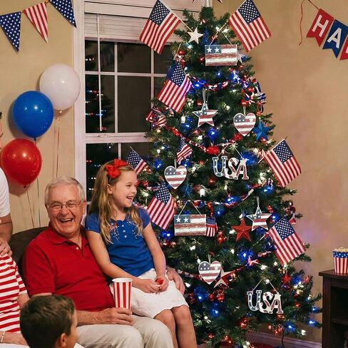 Junkin 24 Pcs 4th of July Wooden Ornaments Vintage Patriotic Tree Decorations Rustic Stars Hearts Flags USA Red White Blue Hanging Ornaments for 250th Anniversary Memorial Independence Day Party Decor in Kuwait