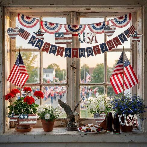 Junkin 24 Pcs 4th of July Wooden Ornaments Vintage Patriotic Tree Decorations Rustic Stars Hearts Flags USA Red White Blue Hanging Ornaments for 250th Anniversary Memorial Independence Day Party Decor in Kuwait
