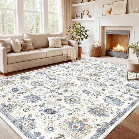 AMADA HOMEFURNISHING Washable Area Rug, Low-Profile Large Area Rug with Non-Slip Backing & Durable Edge Binding, Vintage Large Rugs for Living Room, Bedroom, Dinning Room (8x10,Blue/White) in Saudi Arabia