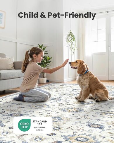 AMADA HOMEFURNISHING Washable Area Rug, Low-Profile Large Area Rug with Non-Slip Backing & Durable Edge Binding, Vintage Large Rugs for Living Room, Bedroom, Dinning Room (8x10,Blue/White) in Saudi Arabia