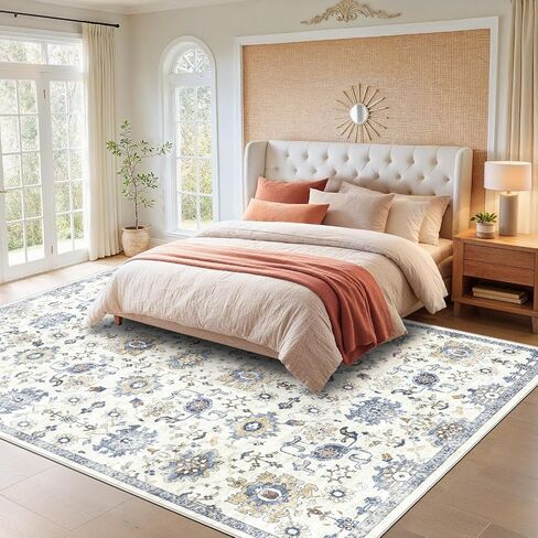 AMADA HOMEFURNISHING Washable Area Rug, Low-Profile Large Area Rug with Non-Slip Backing & Durable Edge Binding, Vintage Large Rugs for Living Room, Bedroom, Dinning Room (8x10,Blue/White) in Saudi Arabia