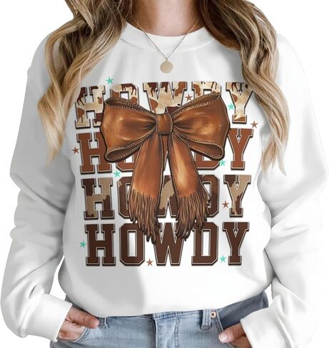 Western Cowgirl Howdy Women's Sweatshirt Brown Leather Bows Pullover Western Mom Tees Tops in Kuwait