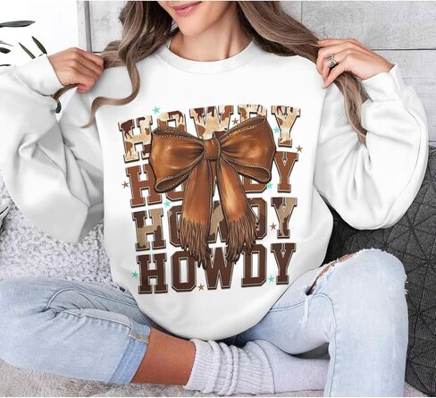 Western Cowgirl Howdy Women's Sweatshirt Brown Leather Bows Pullover Western Mom Tees Tops in Kuwait