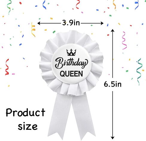 Birthday Queen Tinplate Badge Pin, Happy Birthday Rosette Button Pin Girl or Women White Award Ribbon Party Decorations Sign in Saudi Arabia