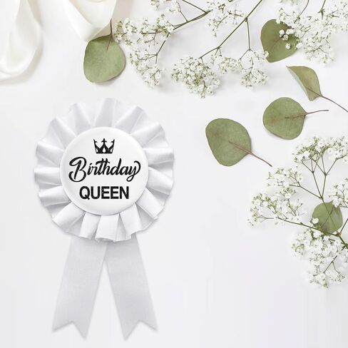 Birthday Queen Tinplate Badge Pin, Happy Birthday Rosette Button Pin Girl or Women White Award Ribbon Party Decorations Sign in Saudi Arabia