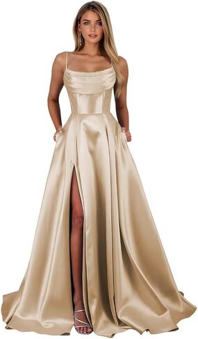 Satin Prom Dress Spaghetti Straps Formal Dresses A Line Square Neck Evening Gown with Slit in Kuwait