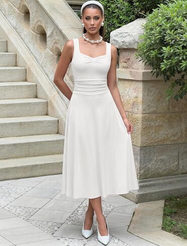IWD Women's Square Neck A Line Midi Dress Ruched Waist Corset Flowy Elegant Wedding Guest Long Dresses in Saudi Arabia