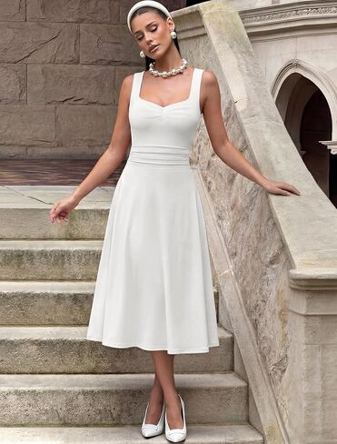 IWD Women's Square Neck A Line Midi Dress Ruched Waist Corset Flowy Elegant Wedding Guest Long Dresses in Saudi Arabia
