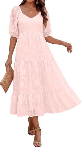 Caracilia Women's Floral Maxi Wedding Guest Dress & Pockets | Short Puff Sleeve Scoop V Neck,A Line Flowy,Summer Spring Garden Beach Party,Dressy Formal,Church Baby Shower,Family Events in Saudi Arabia
