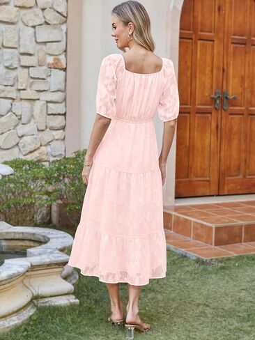 Caracilia Women's Floral Maxi Wedding Guest Dress & Pockets | Short Puff Sleeve Scoop V Neck,A Line Flowy,Summer Spring Garden Beach Party,Dressy Formal,Church Baby Shower,Family Events in Saudi Arabia