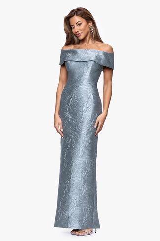 Xscape Women's Jacquard Off the Shoulder Floor Length Dress (Petite) in Kuwait