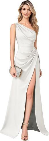 Satin Prom Dresses for Women One Shoulder Pleated A Line Long Formal Evening Gown with High Slit HX057 in Saudi Arabia