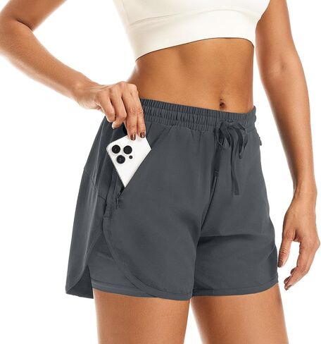 Women's 2 in 1 Athletic Running Shorts High Waisted Workout Casual Gym Sweat Shorts Mesh Comfy Liner Zipper Pockets in Kuwait