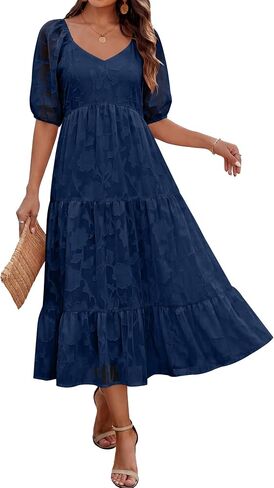 Caracilia Women's Floral Maxi Wedding Guest Dress & Pockets | Short Puff Sleeve Scoop V Neck,A Line Flowy,Summer Spring Garden Beach Party,Dressy Formal,Church Baby Shower,Family Events in Saudi Arabia