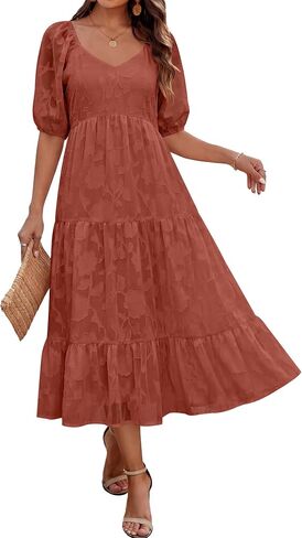 Caracilia Women's Floral Maxi Wedding Guest Dress & Pockets | Short Puff Sleeve Scoop V Neck,A Line Flowy,Summer Spring Garden Beach Party,Dressy Formal,Church Baby Shower,Family Events in Saudi Arabia