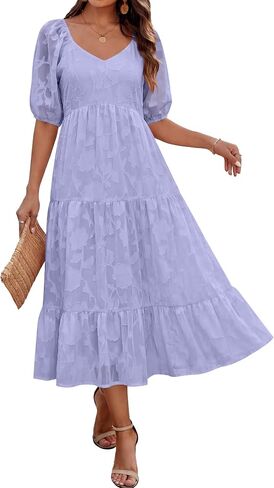 Caracilia Women's Floral Maxi Wedding Guest Dress & Pockets | Short Puff Sleeve Scoop V Neck,A Line Flowy,Summer Spring Garden Beach Party,Dressy Formal,Church Baby Shower,Family Events in Saudi Arabia