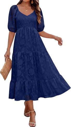 Caracilia Women's Floral Maxi Wedding Guest Dress & Pockets | Short Puff Sleeve Scoop V Neck,A Line Flowy,Summer Spring Garden Beach Party,Dressy Formal,Church Baby Shower,Family Events in Saudi Arabia