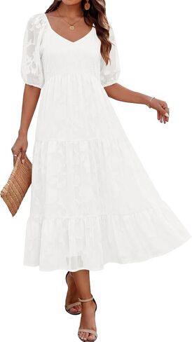 Caracilia Women's Floral Maxi Wedding Guest Dress & Pockets | Short Puff Sleeve Scoop V Neck,A Line Flowy,Summer Spring Garden Beach Party,Dressy Formal,Church Baby Shower,Family Events in Saudi Arabia