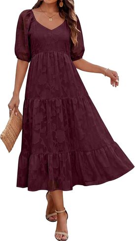 Caracilia Women's Floral Maxi Wedding Guest Dress & Pockets | Short Puff Sleeve Scoop V Neck,A Line Flowy,Summer Spring Garden Beach Party,Dressy Formal,Church Baby Shower,Family Events in Saudi Arabia