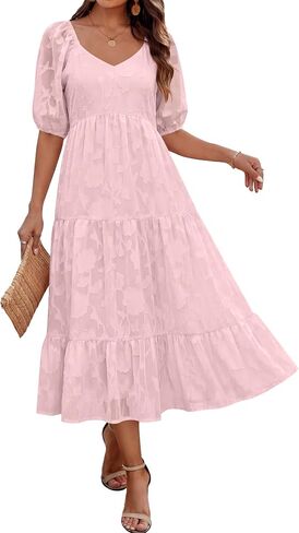Caracilia Women's Floral Maxi Wedding Guest Dress & Pockets | Short Puff Sleeve Scoop V Neck,A Line Flowy,Summer Spring Garden Beach Party,Dressy Formal,Church Baby Shower,Family Events in Saudi Arabia