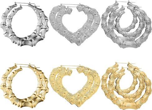Premium 6 Pairs Bamboo Hoop Earrings for Women, Lightweight Chunky 90s Retro Hip Hop Hollow Statement Jewelry, Elegant Large Fashion Accessories in Saudi Arabia