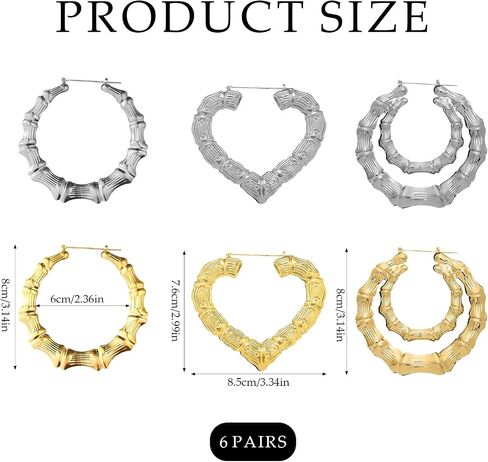 Premium 6 Pairs Bamboo Hoop Earrings for Women, Lightweight Chunky 90s Retro Hip Hop Hollow Statement Jewelry, Elegant Large Fashion Accessories in Saudi Arabia