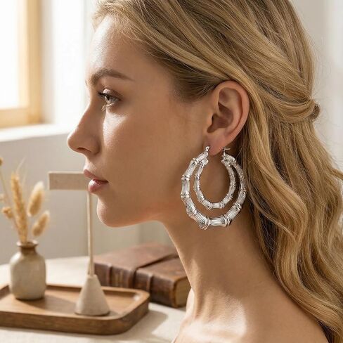 Premium 6 Pairs Bamboo Hoop Earrings for Women, Lightweight Chunky 90s Retro Hip Hop Hollow Statement Jewelry, Elegant Large Fashion Accessories in Saudi Arabia