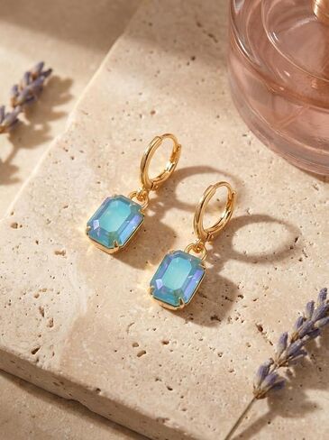 Sorrelli Octavia Huggie Hoop Earrings – Emerald-Cut Summer Blue Delite Crystal Drop on Dainty Hoop in and Gold-Tone Finish in Saudi Arabia