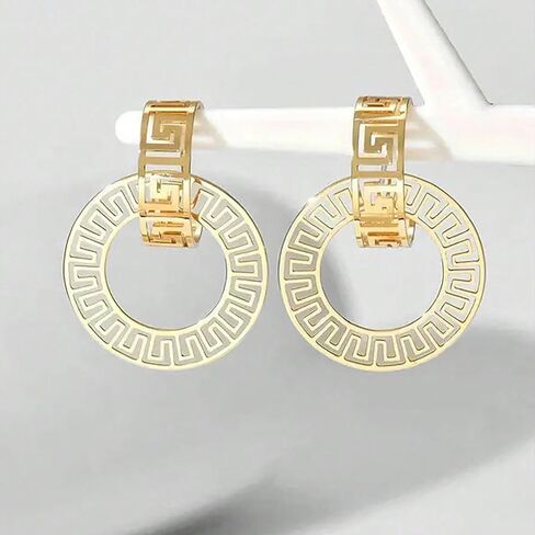 Trendy Gold-Plated Hoop Earrings for Women: Greek-Inspired Openwork Design, Fashionable Ethnic Jewelry for Parties, Dates, Daily Commutes & Casual Vacations in Saudi Arabia