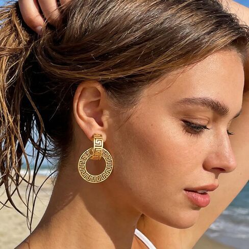 Trendy Gold-Plated Hoop Earrings for Women: Greek-Inspired Openwork Design, Fashionable Ethnic Jewelry for Parties, Dates, Daily Commutes & Casual Vacations in Saudi Arabia