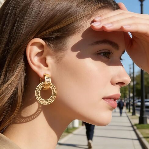 Trendy Gold-Plated Hoop Earrings for Women: Greek-Inspired Openwork Design, Fashionable Ethnic Jewelry for Parties, Dates, Daily Commutes & Casual Vacations in Saudi Arabia