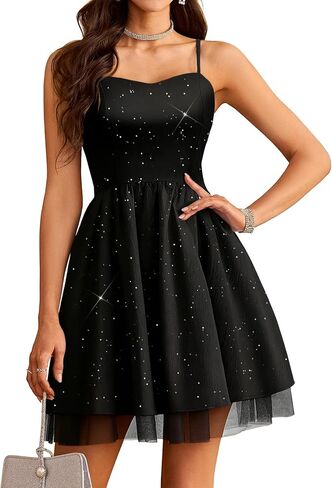 HomRain Summer Spaghetti Strap Short Dress Sparkly Cocktail Dress for Women Party Homecoming with Soft Tulle Lining in Saudi Arabia