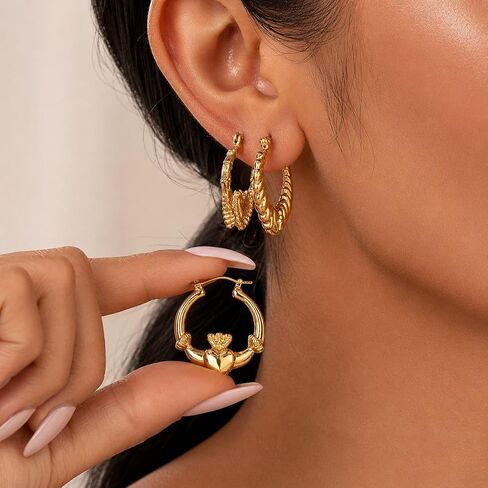 Gold Thick Hoop Earrings Textured Heart Hoop Earrings Twisted Small Hoops for Vintage Daily Outfits in Kuwait
