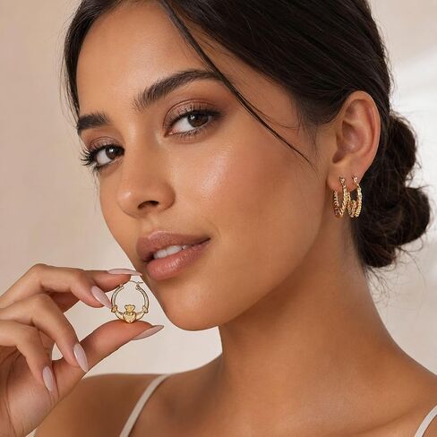 Gold Thick Hoop Earrings Textured Heart Hoop Earrings Twisted Small Hoops for Vintage Daily Outfits in Kuwait