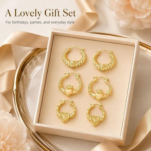 Gold Thick Hoop Earrings Textured Heart Hoop Earrings Twisted Small Hoops for Vintage Daily Outfits in Kuwait