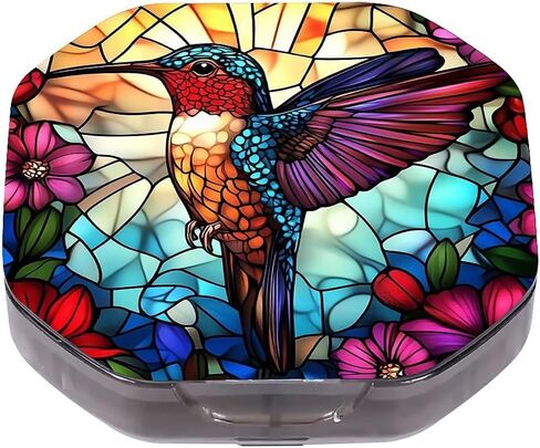 4 Compartment Stained Glass Hummingbird Travel Pill Organizer, Watertight Portable Daily Pill Box for Vitamins, Fish Oil, Medicine & Small Items - BPA-Free Food Grade Material in Kuwait