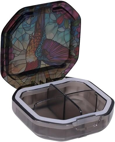 4 Compartment Stained Glass Hummingbird Travel Pill Organizer, Watertight Portable Daily Pill Box for Vitamins, Fish Oil, Medicine & Small Items - BPA-Free Food Grade Material in Kuwait